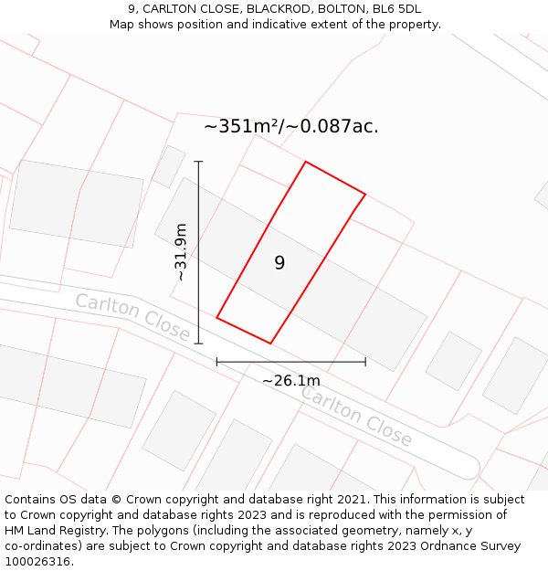 9, CARLTON CLOSE, BLACKROD, BOLTON, BL6 5DL: Plot and title map