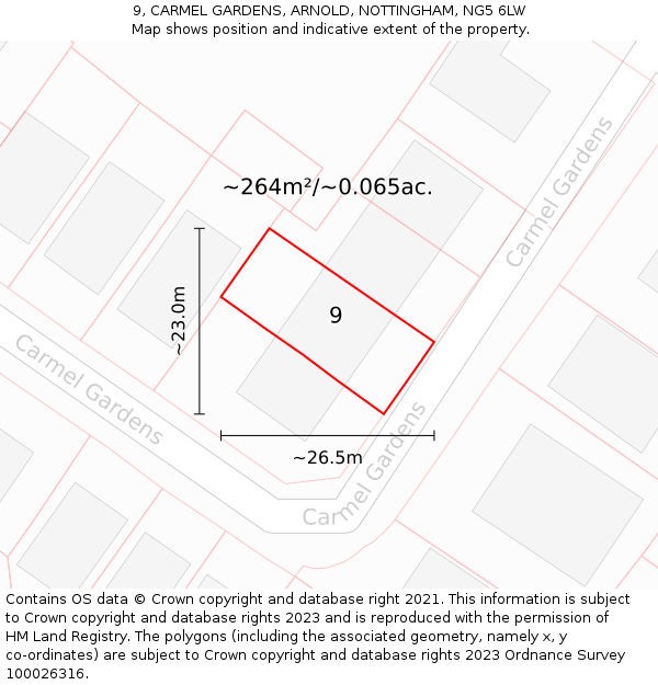 9, CARMEL GARDENS, ARNOLD, NOTTINGHAM, NG5 6LW: Plot and title map