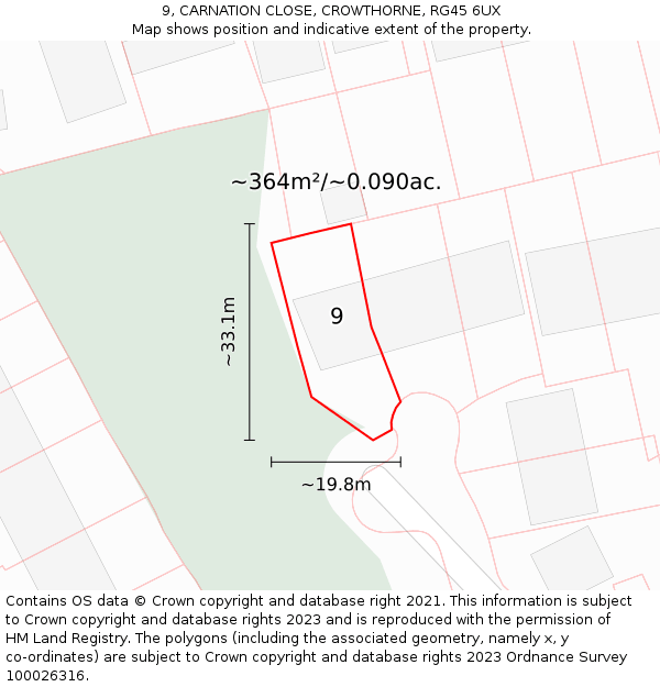 9, CARNATION CLOSE, CROWTHORNE, RG45 6UX: Plot and title map