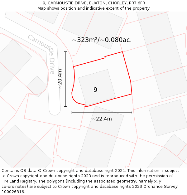 9, CARNOUSTIE DRIVE, EUXTON, CHORLEY, PR7 6FR: Plot and title map