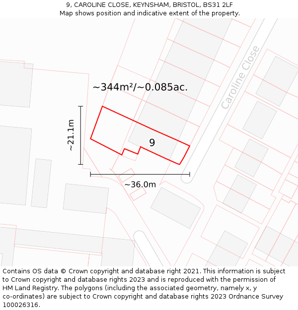 9, CAROLINE CLOSE, KEYNSHAM, BRISTOL, BS31 2LF: Plot and title map