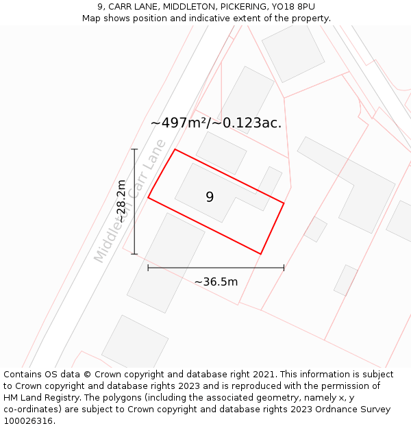 9, CARR LANE, MIDDLETON, PICKERING, YO18 8PU: Plot and title map