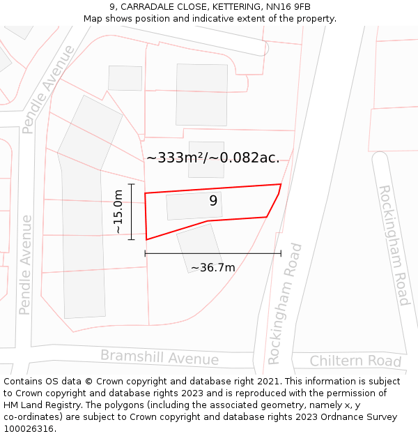 9, CARRADALE CLOSE, KETTERING, NN16 9FB: Plot and title map