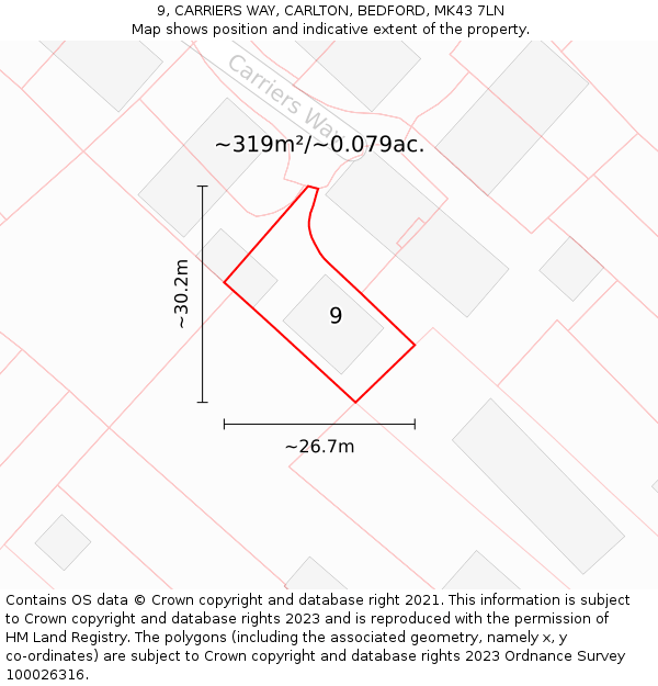 9, CARRIERS WAY, CARLTON, BEDFORD, MK43 7LN: Plot and title map