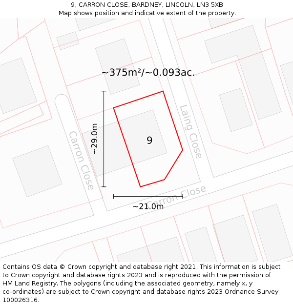 9, CARRON CLOSE, BARDNEY, LINCOLN, LN3 5XB: Plot and title map