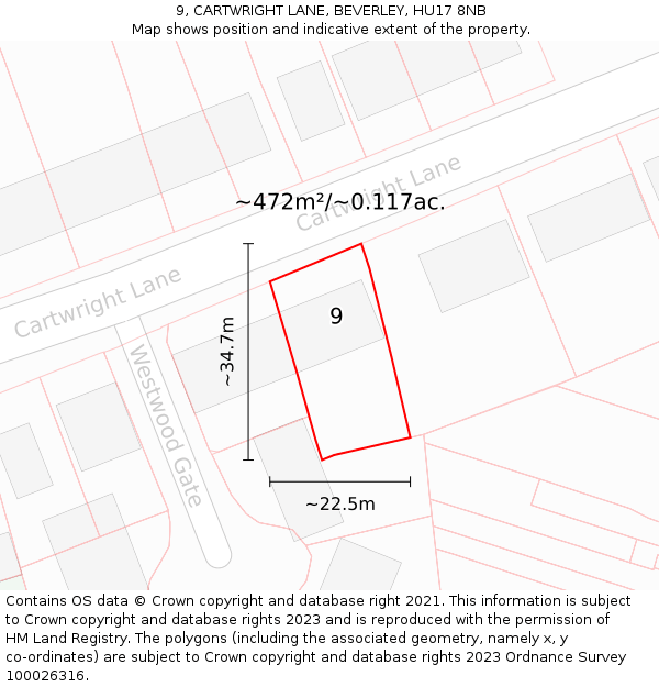 9, CARTWRIGHT LANE, BEVERLEY, HU17 8NB: Plot and title map