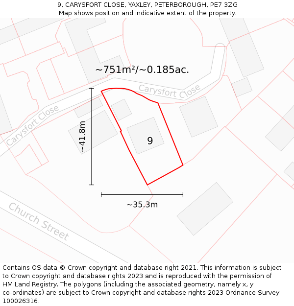 9, CARYSFORT CLOSE, YAXLEY, PETERBOROUGH, PE7 3ZG: Plot and title map