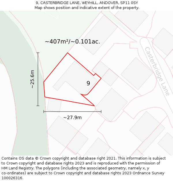 9, CASTERBRIDGE LANE, WEYHILL, ANDOVER, SP11 0SY: Plot and title map