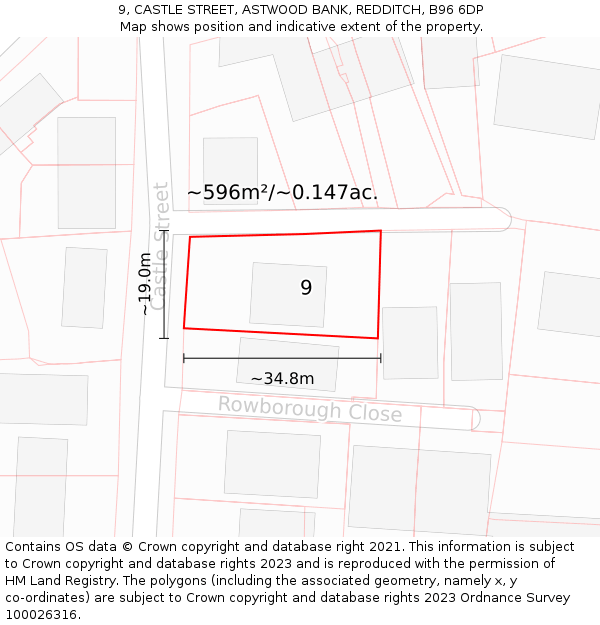 9, CASTLE STREET, ASTWOOD BANK, REDDITCH, B96 6DP: Plot and title map