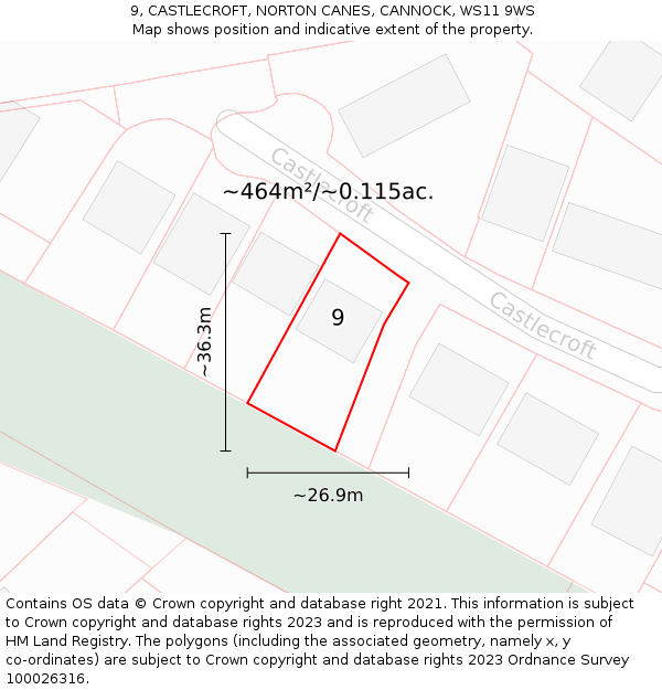 9, CASTLECROFT, NORTON CANES, CANNOCK, WS11 9WS: Plot and title map