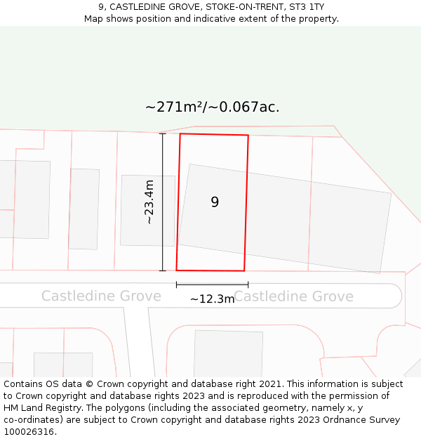 9, CASTLEDINE GROVE, STOKE-ON-TRENT, ST3 1TY: Plot and title map