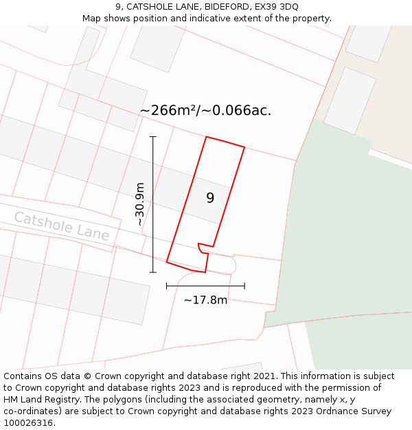 9, CATSHOLE LANE, BIDEFORD, EX39 3DQ: Plot and title map