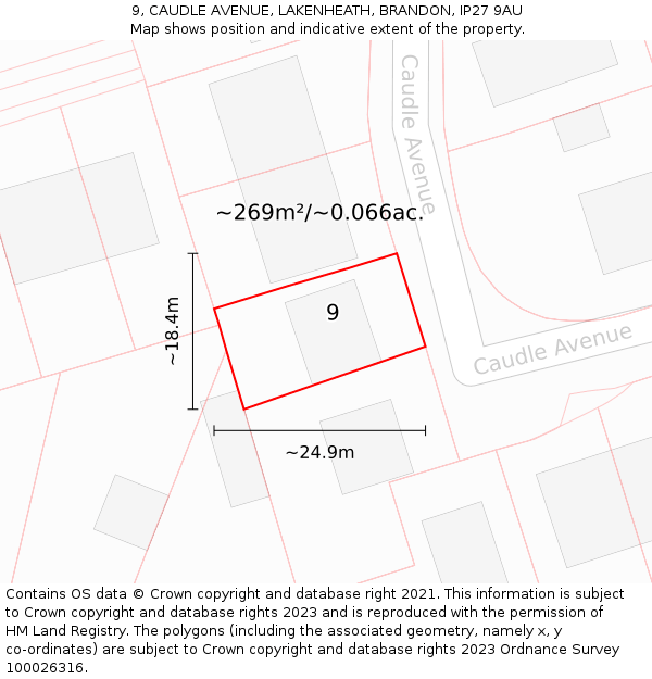 9, CAUDLE AVENUE, LAKENHEATH, BRANDON, IP27 9AU: Plot and title map