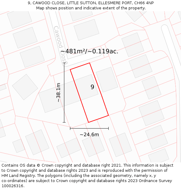 9, CAWOOD CLOSE, LITTLE SUTTON, ELLESMERE PORT, CH66 4NP: Plot and title map