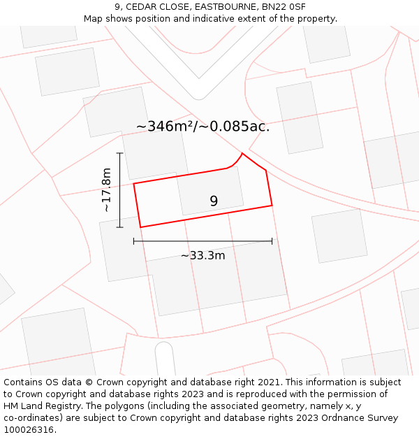 9, CEDAR CLOSE, EASTBOURNE, BN22 0SF: Plot and title map