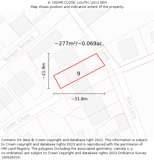 9, CEDAR CLOSE, LOUTH, LN11 0EH: Plot and title map