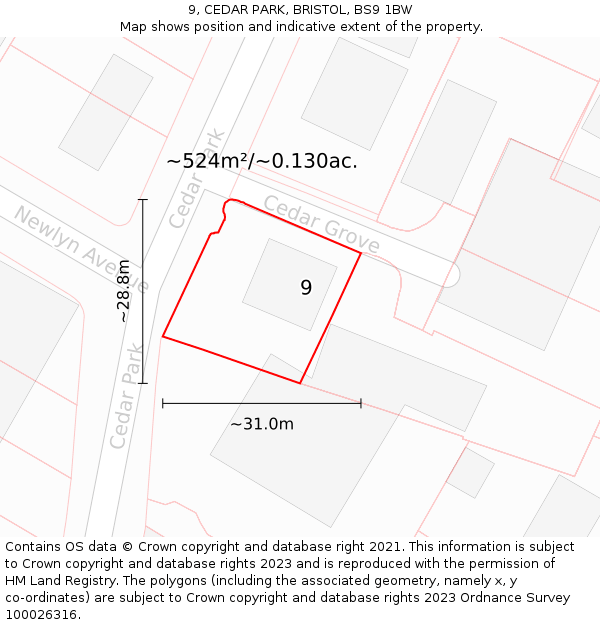 9, CEDAR PARK, BRISTOL, BS9 1BW: Plot and title map