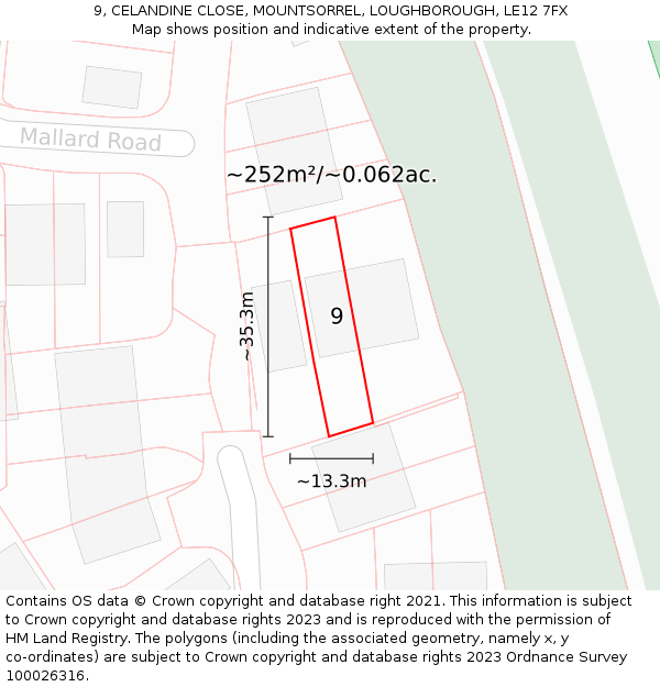 9, CELANDINE CLOSE, MOUNTSORREL, LOUGHBOROUGH, LE12 7FX: Plot and title map