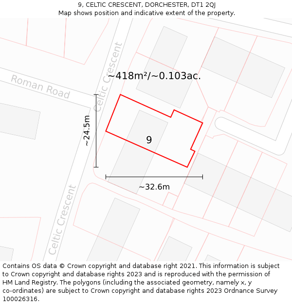 9, CELTIC CRESCENT, DORCHESTER, DT1 2QJ: Plot and title map