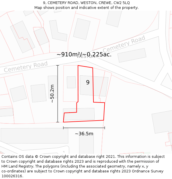 9, CEMETERY ROAD, WESTON, CREWE, CW2 5LQ: Plot and title map