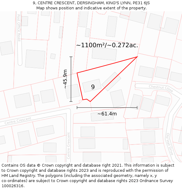 9, CENTRE CRESCENT, DERSINGHAM, KING'S LYNN, PE31 6JS: Plot and title map