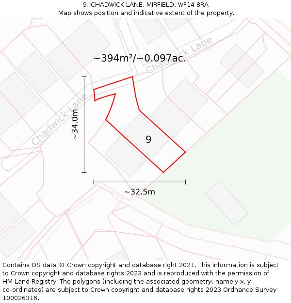 9, CHADWICK LANE, MIRFIELD, WF14 8RA: Plot and title map