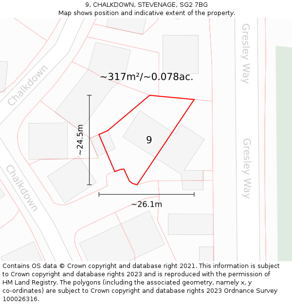 9, CHALKDOWN, STEVENAGE, SG2 7BG: Plot and title map