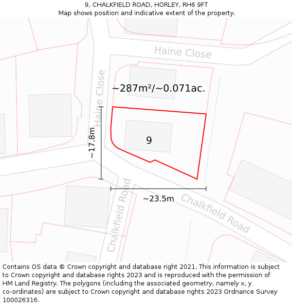 9, CHALKFIELD ROAD, HORLEY, RH6 9FT: Plot and title map