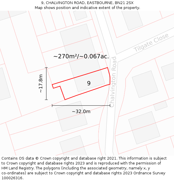 9, CHALVINGTON ROAD, EASTBOURNE, BN21 2SX: Plot and title map