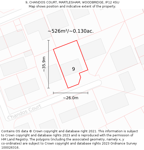 9, CHANDOS COURT, MARTLESHAM, WOODBRIDGE, IP12 4SU: Plot and title map
