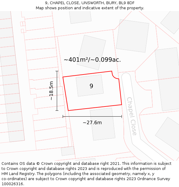 9, CHAPEL CLOSE, UNSWORTH, BURY, BL9 8DF: Plot and title map