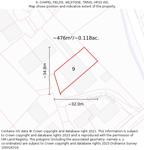 9, CHAPEL FIELDS, WILSTONE, TRING, HP23 4SL: Plot and title map