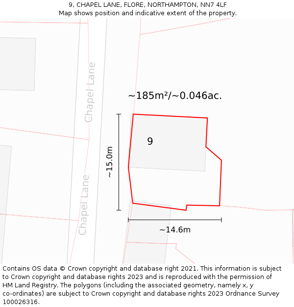 9, CHAPEL LANE, FLORE, NORTHAMPTON, NN7 4LF: Plot and title map