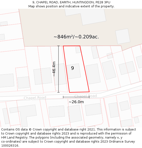 9, CHAPEL ROAD, EARITH, HUNTINGDON, PE28 3PU: Plot and title map