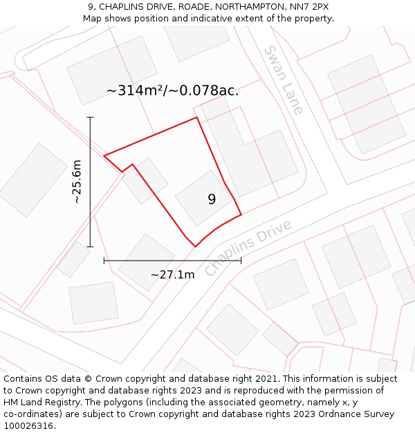 9, CHAPLINS DRIVE, ROADE, NORTHAMPTON, NN7 2PX: Plot and title map