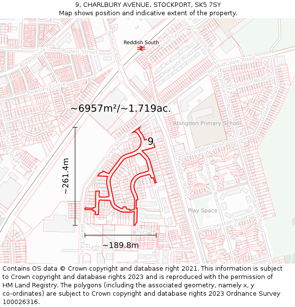 9, CHARLBURY AVENUE, STOCKPORT, SK5 7SY: Plot and title map