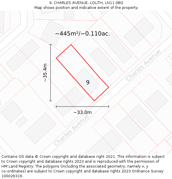 9, CHARLES AVENUE, LOUTH, LN11 0BG: Plot and title map