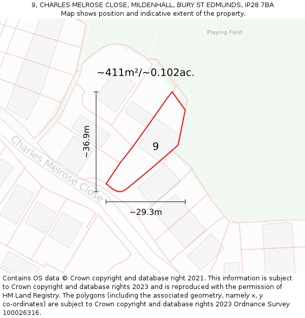 9, CHARLES MELROSE CLOSE, MILDENHALL, BURY ST EDMUNDS, IP28 7BA: Plot and title map