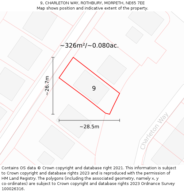 9, CHARLETON WAY, ROTHBURY, MORPETH, NE65 7EE: Plot and title map