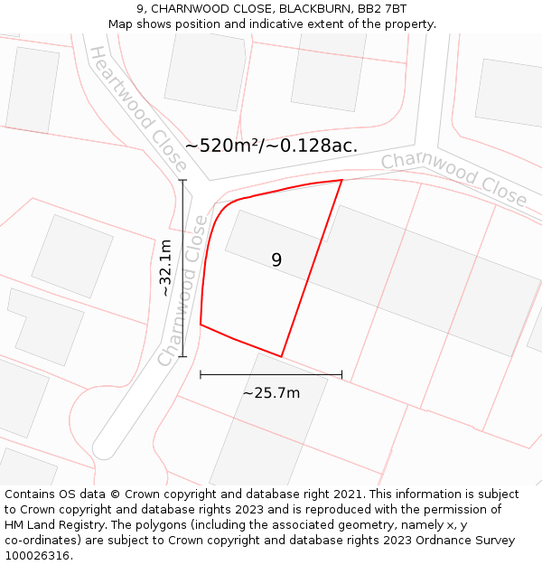 9, CHARNWOOD CLOSE, BLACKBURN, BB2 7BT: Plot and title map