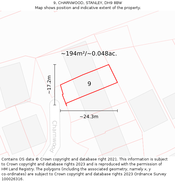 9, CHARNWOOD, STANLEY, DH9 8BW: Plot and title map