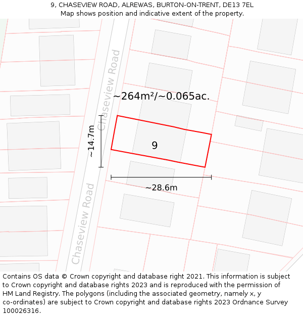 9, CHASEVIEW ROAD, ALREWAS, BURTON-ON-TRENT, DE13 7EL: Plot and title map