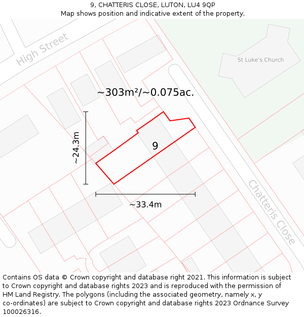 9, CHATTERIS CLOSE, LUTON, LU4 9QP: Plot and title map