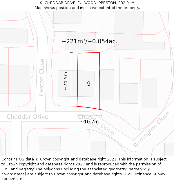 9, CHEDDAR DRIVE, FULWOOD, PRESTON, PR2 9HA: Plot and title map