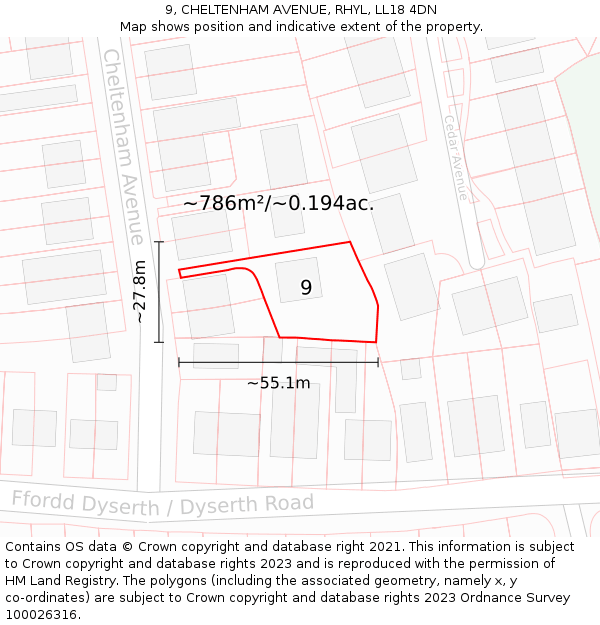 9, CHELTENHAM AVENUE, RHYL, LL18 4DN: Plot and title map