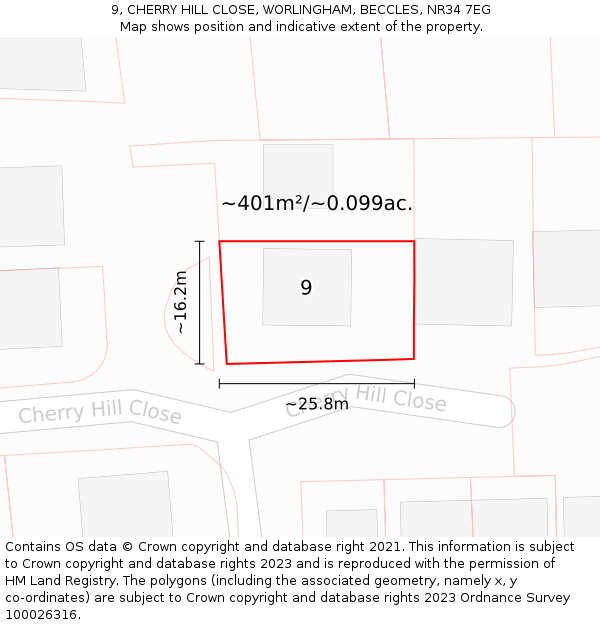 9, CHERRY HILL CLOSE, WORLINGHAM, BECCLES, NR34 7EG: Plot and title map