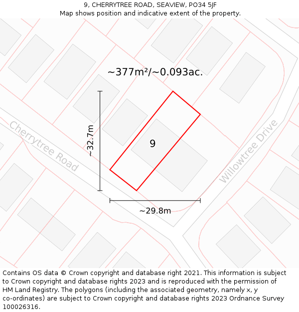 9, CHERRYTREE ROAD, SEAVIEW, PO34 5JF: Plot and title map