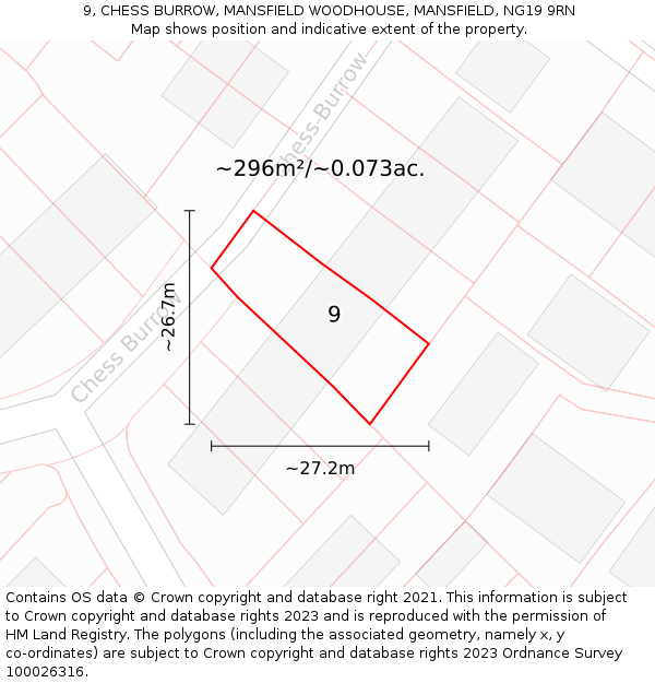 9, CHESS BURROW, MANSFIELD WOODHOUSE, MANSFIELD, NG19 9RN: Plot and title map