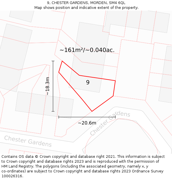 9, CHESTER GARDENS, MORDEN, SM4 6QL: Plot and title map