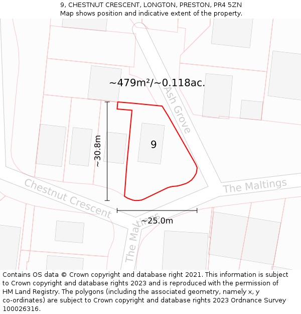 9, CHESTNUT CRESCENT, LONGTON, PRESTON, PR4 5ZN: Plot and title map